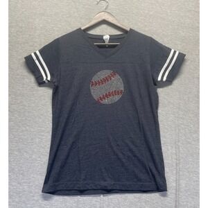 Live And Tell by LAT T Shirt Womens M Charcoal Gray Rhinestone Baseball V Neck